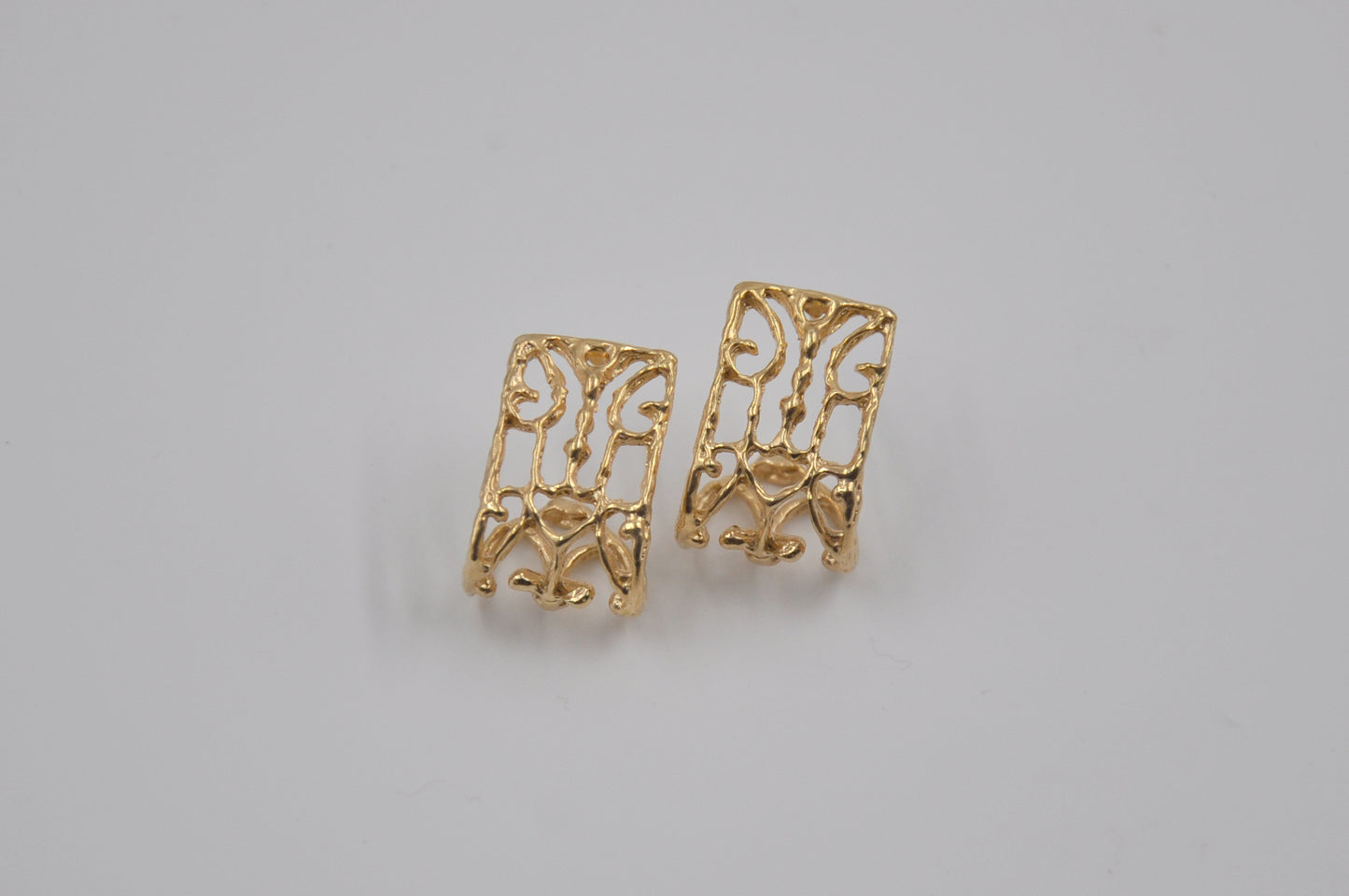 Pair of gold earrings on a light gray background