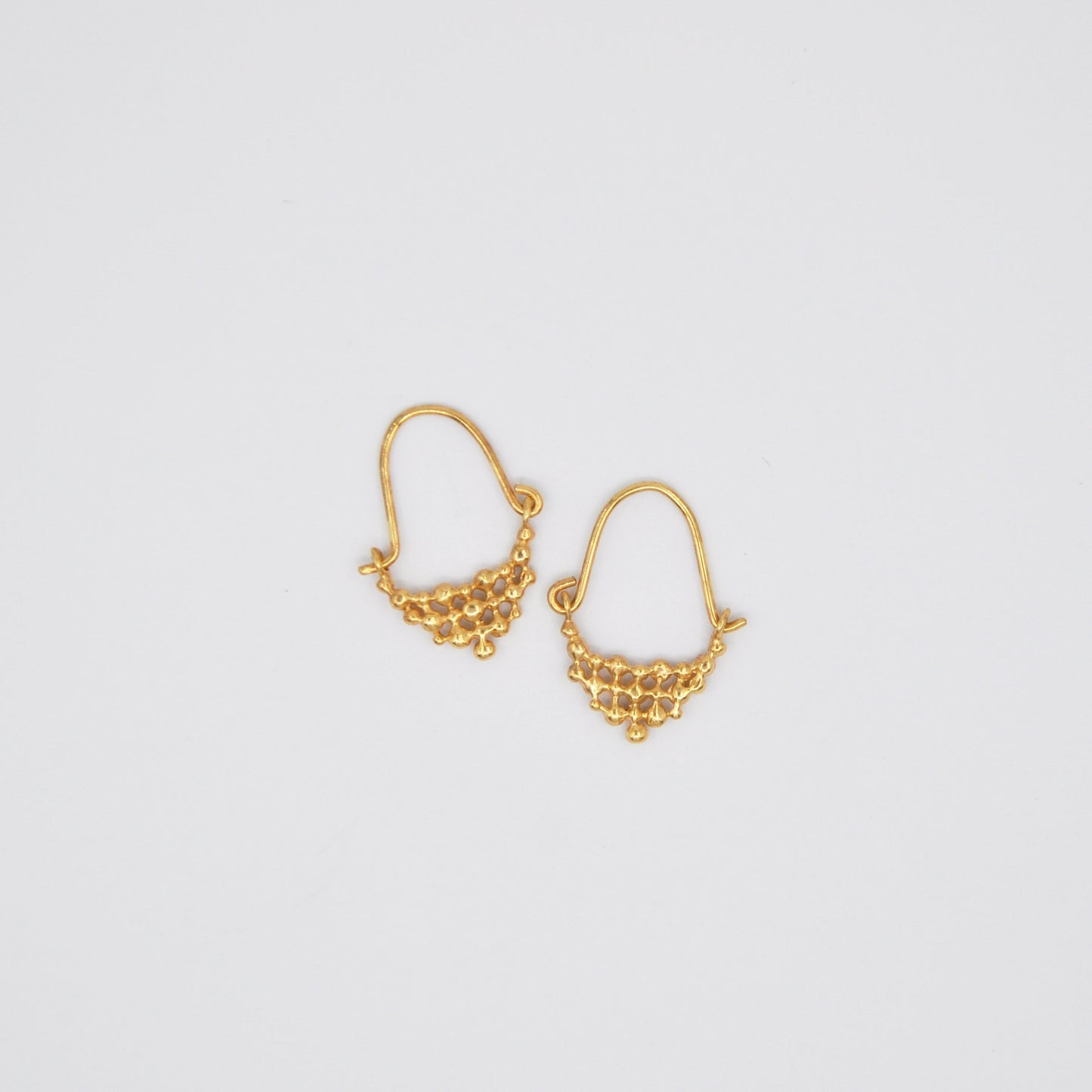 Pair of gold earrings on a light gray background