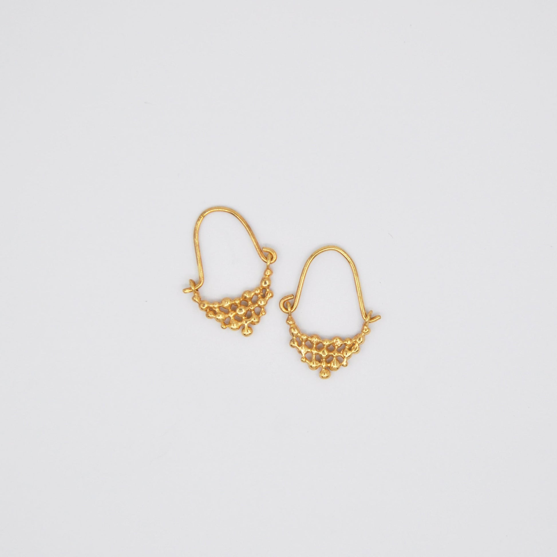 Pair of gold earrings on a light gray background